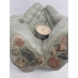 Candlestick, Original handmade concrete candlestick "Hands", gray with stones